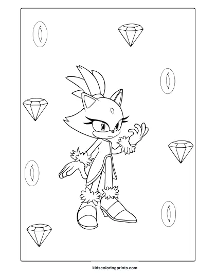 Coloring Page With Blaze The Cat In Dress And Confident Pose With Diamond Accents.