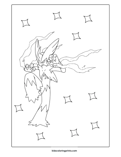 Flaming Blaziken In A Bold Attack Stance With Sparkles On A Pokémon Coloring Page.