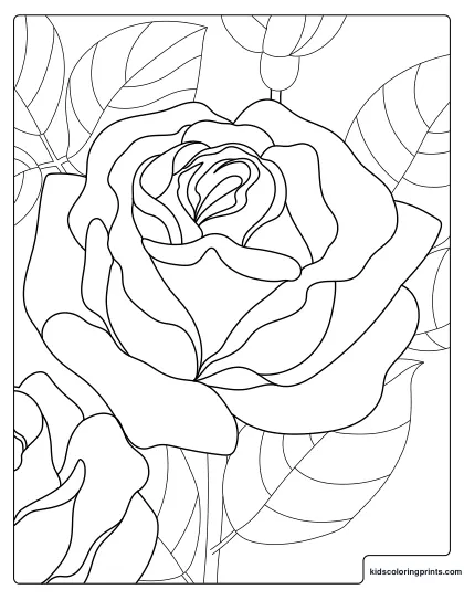 Rose Coloring Page Showing A Large Open Rose With Detailed Petals And Leaves.