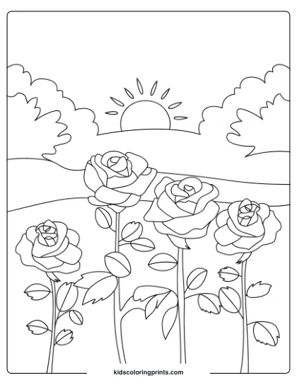 Park-Themed Coloring Page Of Blooming Roses At Sunrise, Capturing The Warmth And Serenity Of Morning Light.