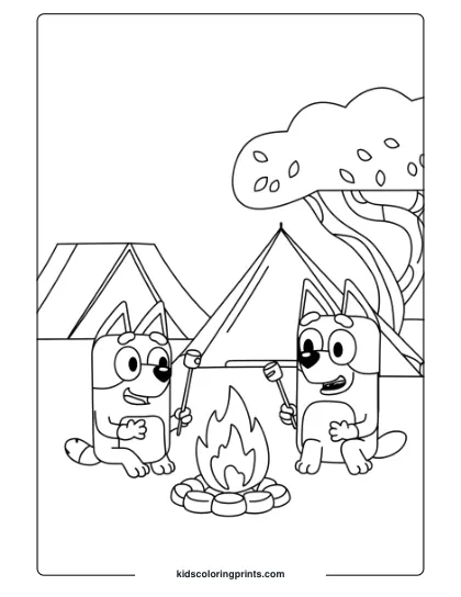 Bluey And Bingo On An Outback Camping Trip, Roasting Marshmallows By A Campfire On This Adventurous Coloring Page.