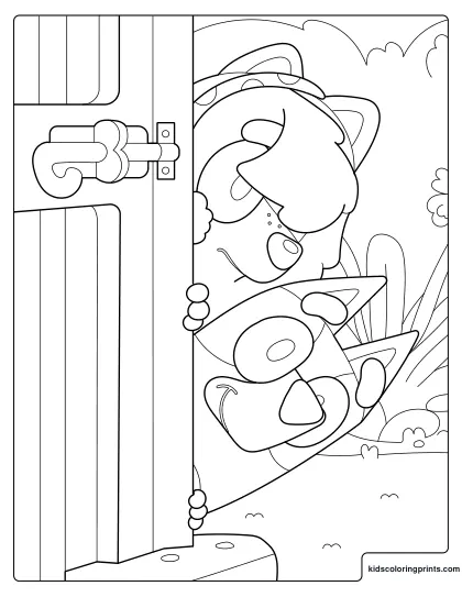 Bluey And Judo Coloring Page Peeking Around A Door