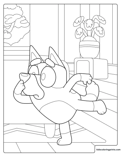 Bluey Coloring Page Balancing On One Paw Indoors