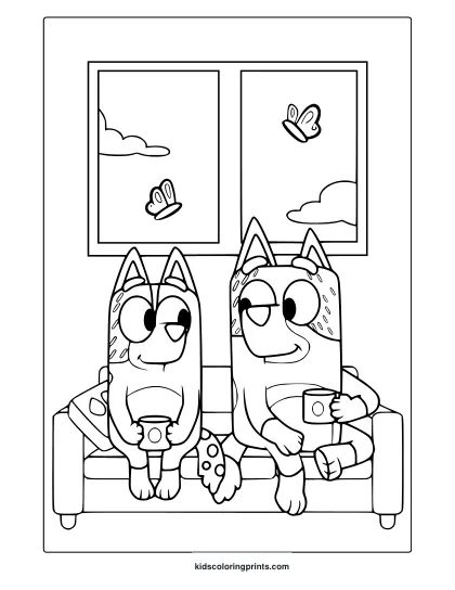 Bluey Coloring Page Showing Bandit And Chilli Sitting With Coffee Cups In A Cozy Cartoon Scene.