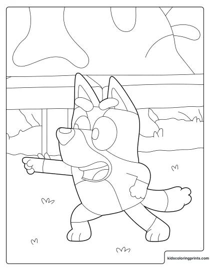 Bluey Coloring Page Exploring A Garden With Trees And Bushes