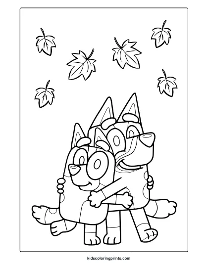 Bluey Coloring Page With Bluey Hugging A Friend Under Floating Maple Leaves In A Fall-Themed Design.