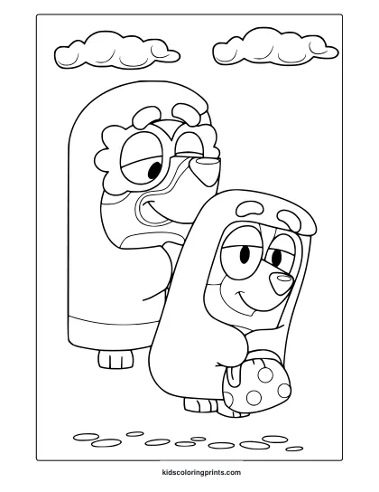 Bluey Grannies Coloring Page With Two Cheerful Characters Wearing Flowered Hats And Bold, Simple Outlines.