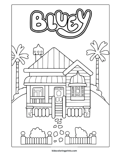 Bluey House Coloring Page Featuring A Retro-Style House With Palm Trees, Porch, And Picket Fence.