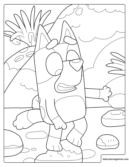 Bluey Coloring Page Stepping On A Stone Path In Nature