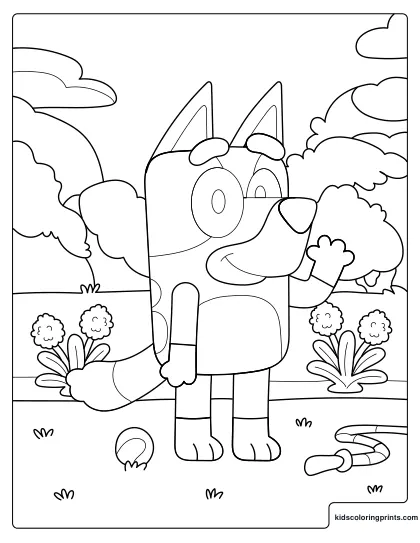 Bluey Coloring Page Showing Bluey Waving In The Park With Trees And Flowers.