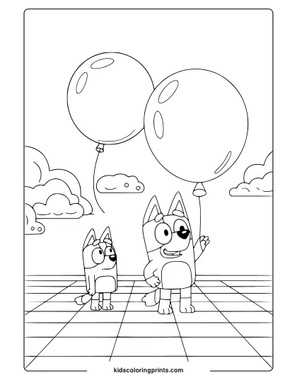 Bluey With Bingo Coloring Page Showing The Characters Holding Balloons On A Sunny Day.