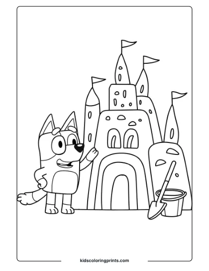Bluey With A Sandcastle, Bucket, And Shovel On A Beachside Coloring Page.