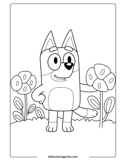 Bluey Exploring A Flower Garden With Blossoms And Greenery On This Cheerful Coloring Page.