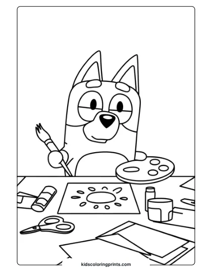 Bluey Painting With Brushes, Palette, And Colorful Supplies On This Art-Filled Coloring Page.