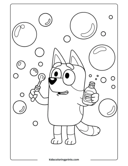 Bluey Blowing Bubbles With A Bubble Wand And Bottle On This Playful Coloring Page.