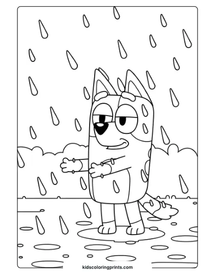 Bluey Standing In A Puddle, Catching Raindrops On A Rainy Coloring Page.