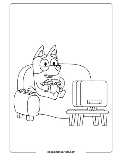 Bluey Enjoying A Movie Night With Popcorn On A Comfy Couch On This Cozy Coloring Page.