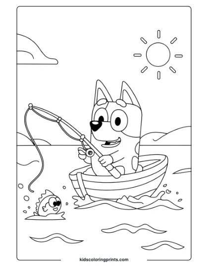 Bluey Fishing From A Boat With A Small Fish And Bright Sun On This Relaxing Coloring Page.
