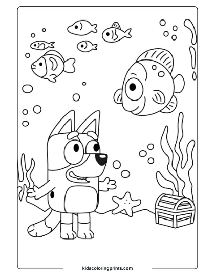 Bluey At The Aquarium, Surrounded By Colorful Fish And Bubbles On This Underwater-Themed Coloring Page.