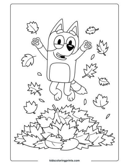 Bluey Enjoying Autumn, Jumping Into Leaves With A Festive Spirit On This Seasonal Coloring Page.