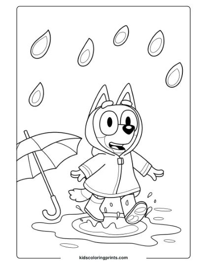 Bluey In A Raincoat, Jumping In Puddles With Raindrops Falling, On This Fun Rainy Day Coloring Page.