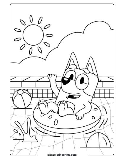 Bluey Relaxing On A Pool Day With Inflatables And Toys On This Sunny Coloring Page.