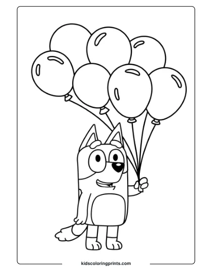 Bluey Holding A Bunch Of Balloons On This Cheerful Coloring Page.