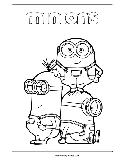 Coloring Page With Bob, Kevin And Stuart Posing Under The Minions Logo, Ideal For A Group Minions Coloring Page.