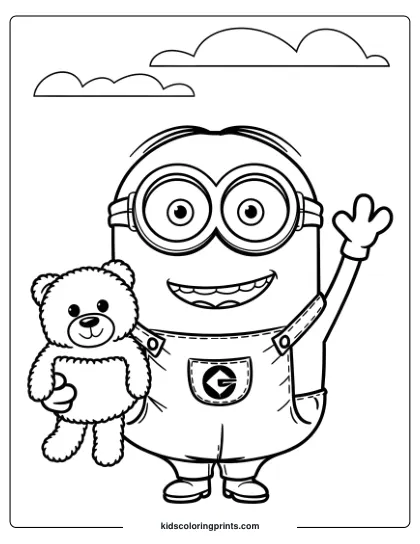 A Minion Coloring Page Featuring Bob Holding A Teddy Bear, Waving Happily, And Surrounded By Fluffy Clouds In The Sky.