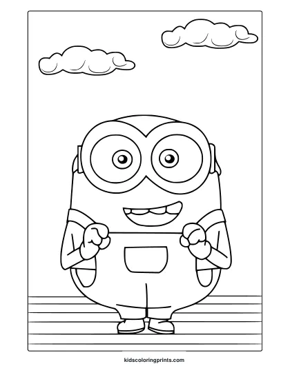Coloring Page With Bob The Minion Smiling And Raising His Hands In A Cheerful Pose, Perfect For A Fun Coloring Page.