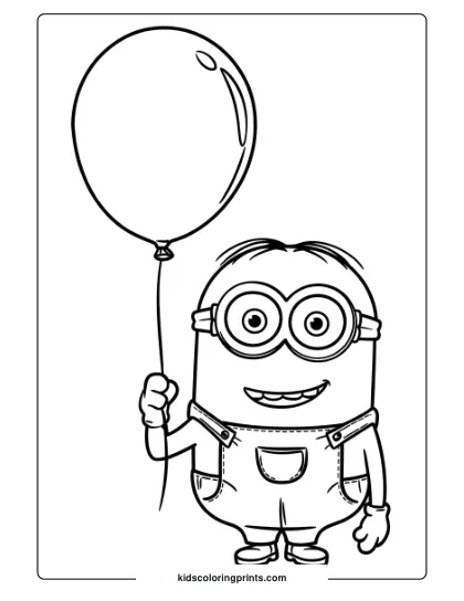 A Minion Coloring Page Of Bob Holding A Balloon During A Festive Celebration, Perfect For Creative Fun.