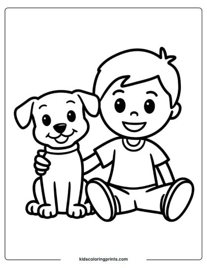 Boy Sitting With His Arm Around His Dog, Both In A Playful Moment In A Dog Coloring Page.