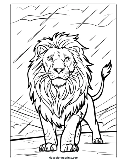 A Brave Lion Standing In The Rain, Perfect For A Dramatic And Powerful Lion Coloring Page For Children.