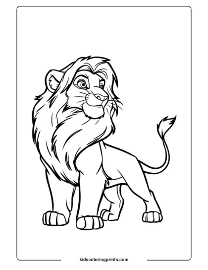 A Majestic Coloring Page Of Simba Standing Tall With His Mane Flowing, Great For Kids Who Love Lions.