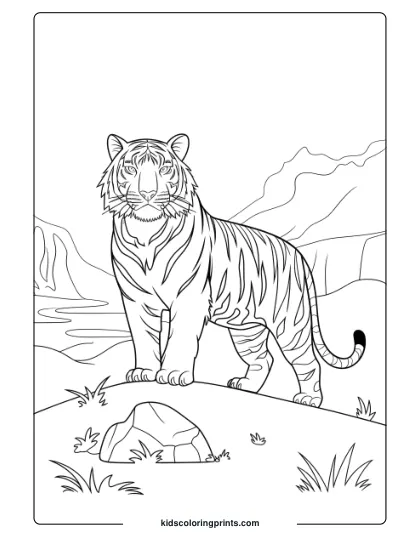 Brave Tiger Coloring Page With A Tiger Standing In A Valley With Mountains And A River Behind.