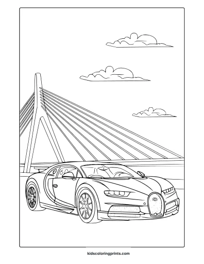 A Bugatti Sports Car Parked Beside A Suspension Bridge, A Perfect Bugatti Car Coloring Page.