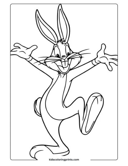 Coloring Page Of Bugs Bunny Dancing Happily, Ideal For An Energetic, Fun Coloring Activity.