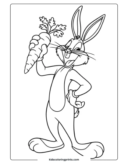 Coloring Page Of Bugs Bunny Holding A Carrot, Laughing Joyfully, Perfect For Fun Coloring Fans.