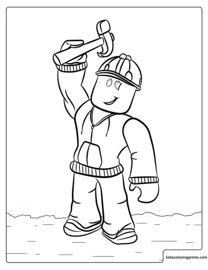 Builderman Coloring Page With A Hard Hat Character Raising A Hammer Over His Head.