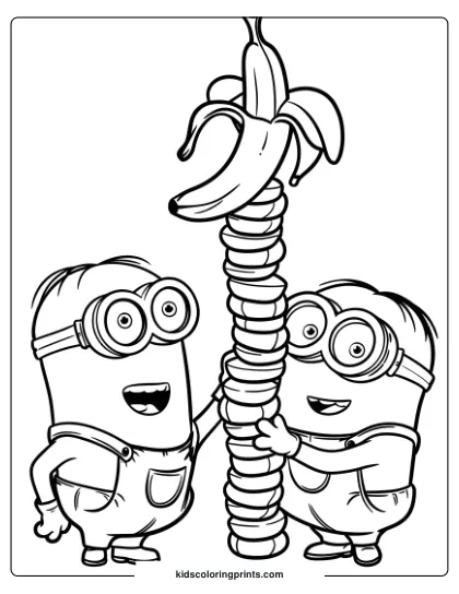 A Fun Minion Coloring Page With Two Minions Stacking A Banana Tower, Ideal For Creative Play.