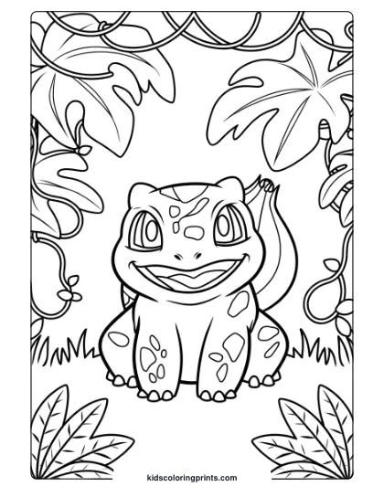 Bulbasaur Coloring Page Featuring Bulbasaur In A Jungle Setting, Framed By Lush Leaves And Plants.