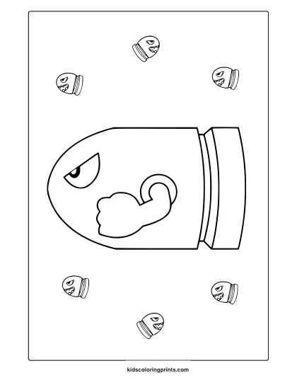 Coloring Page Featuring Bullet Bill And Smaller Bullet Heads In A Fun Mario Kart Scene.