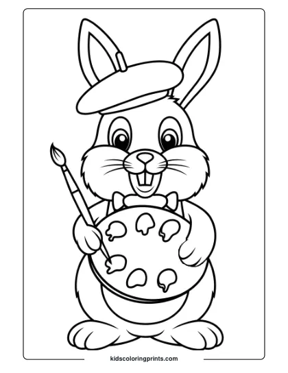 Coloring Page Of A Bunny Artist With A Paintbrush, Perfect For Creative And Colorful Exploration.