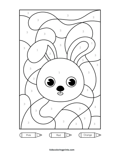 Bunny Color By Number Coloring Page With A Happy Bunny, Floppy Ears, And Soft Pastel Tones.