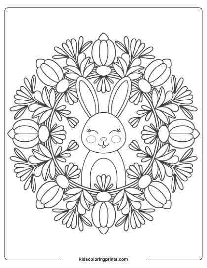 Coloring Page Of A Bunny Mandala Surrounded By Spring Flowers, Creating A Calming And Balanced Design.