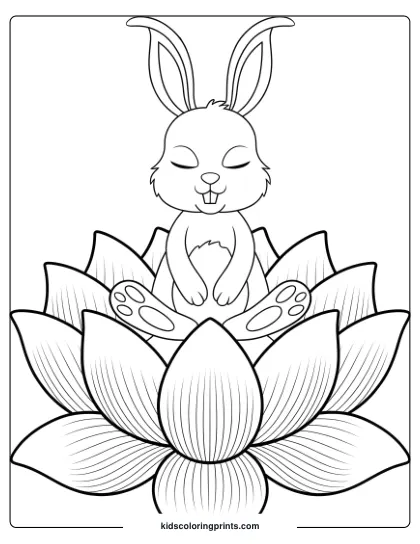 Coloring Page Of A Bunny Meditating On A Lotus Flower, Perfect For A Relaxing, Calming Activity.