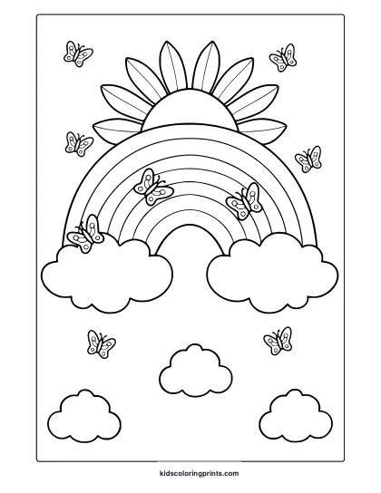 Butterflies And Rainbow Coloring Page With Detailed Wings And Fluffy Clouds.