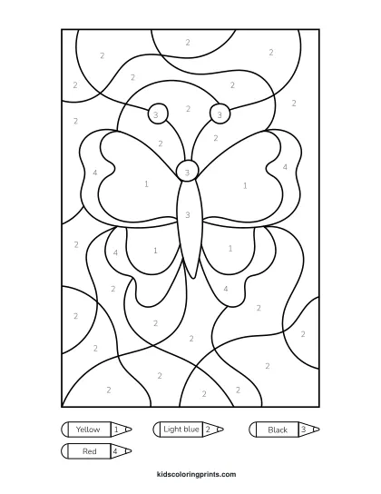 Butterfly Color By Number Coloring Page With Detailed Wings In Pink, Yellow, And Blue Shades.