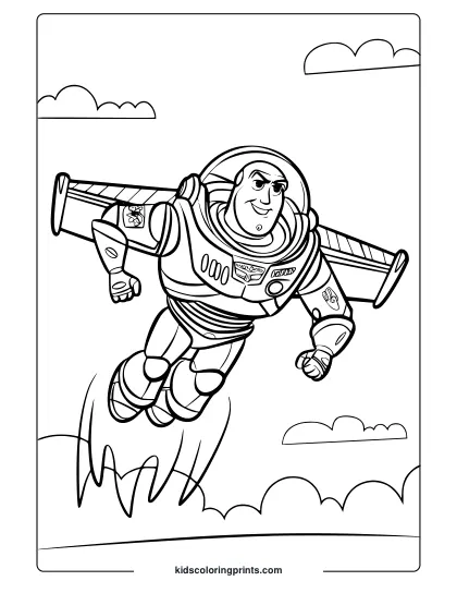 A Buzz Lightyear Coloring Page Showing Him Flying In His Space Suit With A Jetpack And A Clear Sky In The Background.