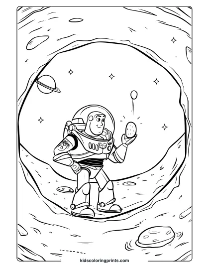 A Toy Story Buzz Lightyear Coloring Page Featuring Him On A Moon Crater With Stars And A Ringed Planet In The Background.